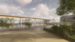 A computer generated image of an HS2 automated people mover on a viaduct crossing a lake. HS2 LTD.
