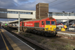 DB Cargo UK 66150 leaves Platform 5 at Peterborough on December 30 2025, working the 1003 Wakefield Europort-Felixstowe North intermodal service. KEITH PARTLOW.
