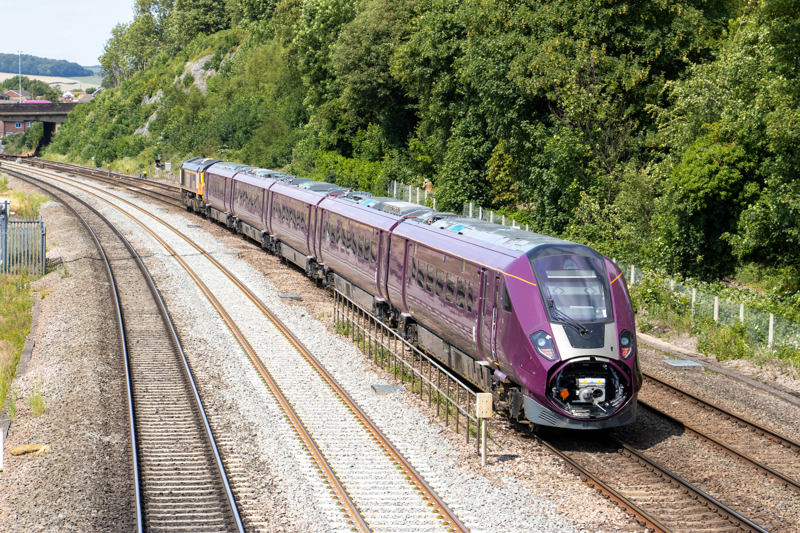 66732 dragging 810003 through Tapton bridge 30 minutes late working from Old Dalby-Merchant Park Sidings on June 16. LOGHAN SMEDLEY.