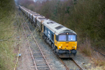 GB Railfreight 66789 British Rail 1948-1997 (in BR large logo livery) passes Bagworth on January 23 2020, with the 1051 Tinsley Yard-Bardon Hill empty aggregates train. GRAHAM NUTTALL.