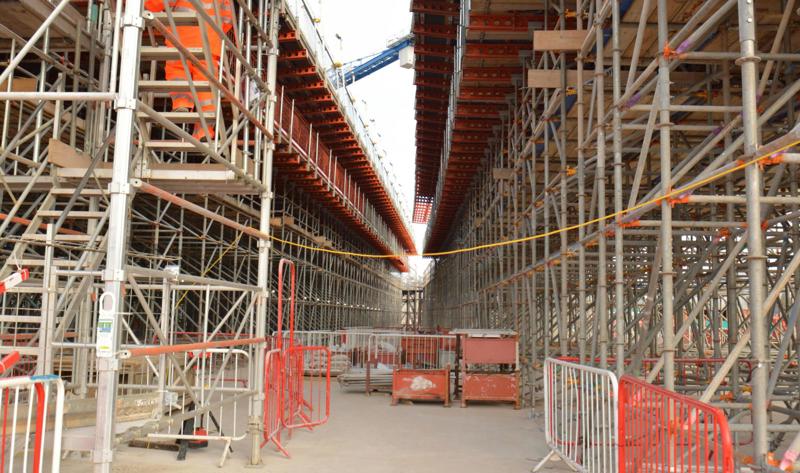 Dense scaffolding supporting formwork at Curzon No. 3 Viaduct. CHRIS HOWE