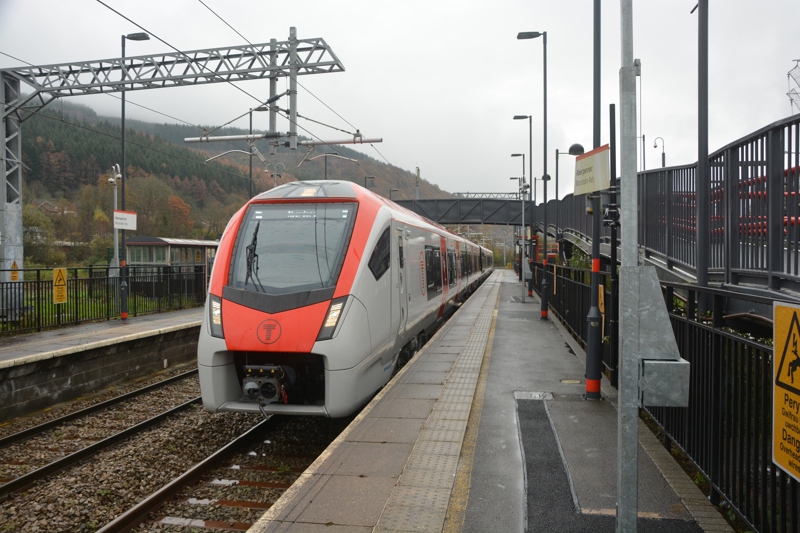 A Transport for Wales Class 756 at Mountain Ash station. It's one of the few trains on the network with level boarding. DAVID STUBBINGS.