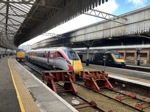 LNER Azuma 800104 and ScotRail Inter7City HST 43145 stand in Aberdeen station. CONRAD LANDIN.