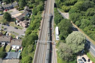 The derailed Class 350 at Denbigh Hall South Junction near Bletchley. NETWORK RAIL.