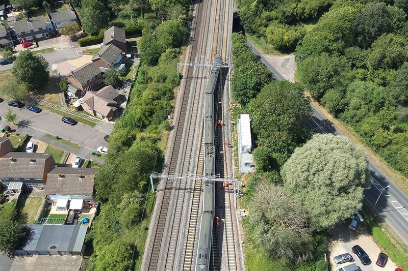 The derailed Class 350 at Denbigh Hall South Junction near Bletchley. NETWORK RAIL.