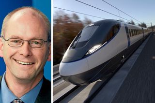 A composite image of Chris Gibb, left, and an artist's impression of an HS2 train, right. NETWORK RAIL/HS2 LTD.