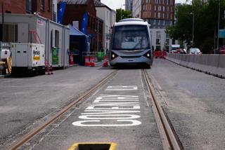 The Very Light Rail prototype has begun trial running on a special 220-metre test track that has been laid in the city centre, in a controlled environment. PETER PLISNER.