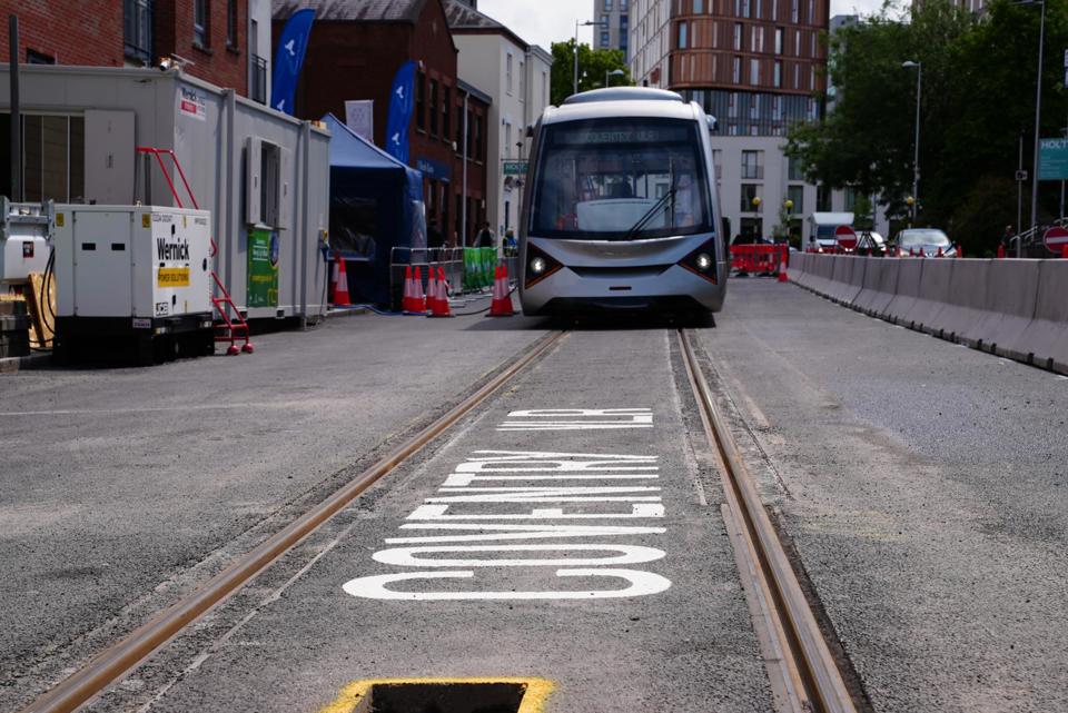 The Very Light Rail prototype has begun trial running on a special 220-metre test track that has been laid in the city centre, in a controlled environment. PETER PLISNER.