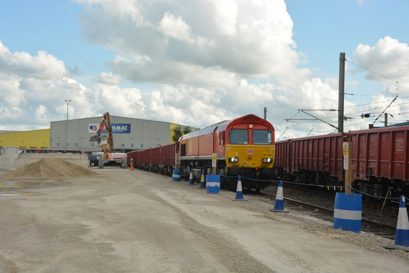DB Cargo UK 66139 shunts wagons onto road three at Dallam. DAVID STUBBINGS.