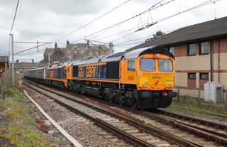 GB Railfreight 66313 Lucie and 99001 pass Carnforth with a test run on June 25, running as the 1001 Carlisle Kingmoor Sidings to Crewe. PHIL METCALFE.