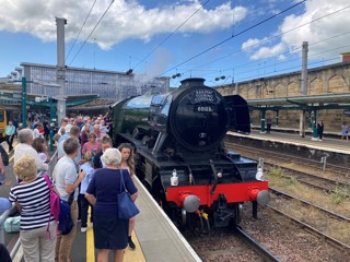 Flying Scotsman stands at Carlisle on a Railway Touring Company charter on July 12 2023.