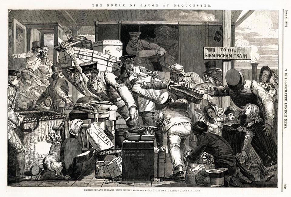 The Break Of Gauge At Gloucester 1846. Chaos ensued, changing from the GWR broad gauge to the Midland Railway standard gauge. ALAMY.