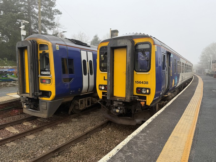 Northern 158859 and 156438 cross in the passing loop at Glaisdale on the Whitby line