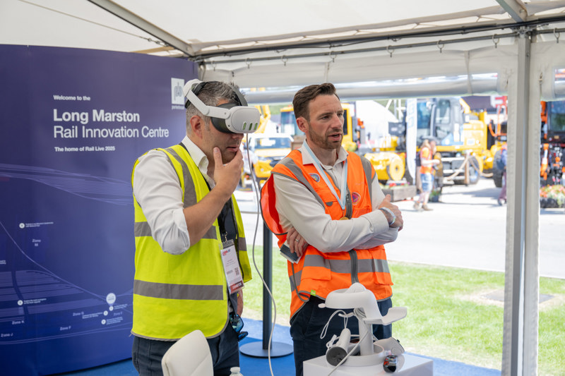 Porterbrook had a VR headset to provide visitors with a 'driver's eye view' of the new test loop at Long Marston once it's completed. JACK BOSKETT/RAIL.