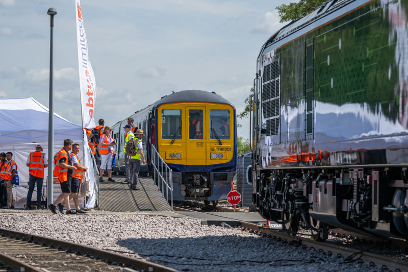 Porterbrook's HydroFLEX unit opposite 93007 at Rail Live 2025. JACK BOSKETT/RAIL.