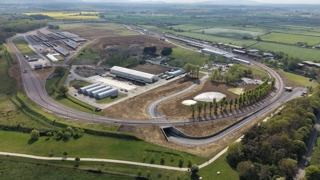 An aerial shot of Long Marston Innovation Centre showing the newly installed electrified test loop. PORTERBROOK.