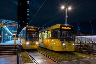 Greater Manchester PTE delivered the highly successful Metrolink tram network. Now Greater Manchester Mayor Andy Burnham wants to bring more local lines into his Bee network, alongside Metrolink. On November 8 2022, Metrolink 3079 and 3049 line up at Deansgate with services to Trafford Bar and Eccles. TOM MCATEE.