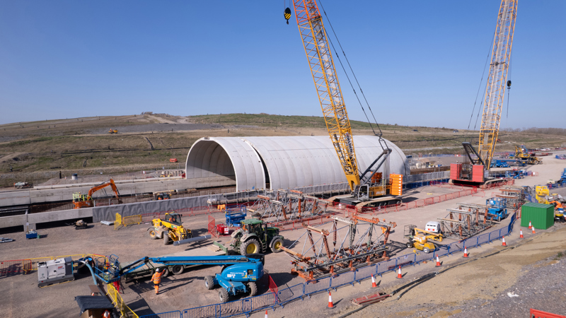 Construction of the northern portal of the bat mitigation structure at Sheephouse Wood on HS2. HS2 LTD.
