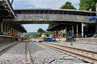 Looking west towards Huddersfield from the track bed at Dewsbury station where rails have been replaced as part of Transpennine Route Upgrade work. PHILIP HAIGH.