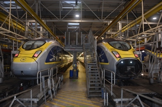 Two Eurostar e320s alongside each other at Temple Mills International Depot. DAVID STUBBINGS.