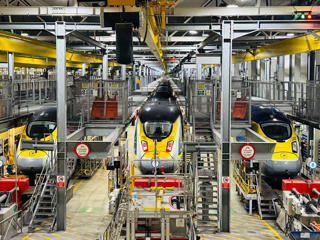 Eurostar Class 374 units undergoing maintenance at Temple Mills. EUROSTAR.