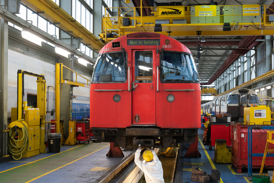 Heavy maintenance is carried out on a Bakerloo Line train at Stonebridge Park Depot. TRANSPORT FOR LONDON.