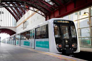 A new CAF-built Docklands Light Railway set being tested at Canary Wharf. TRANSPORT FOR LONDON.