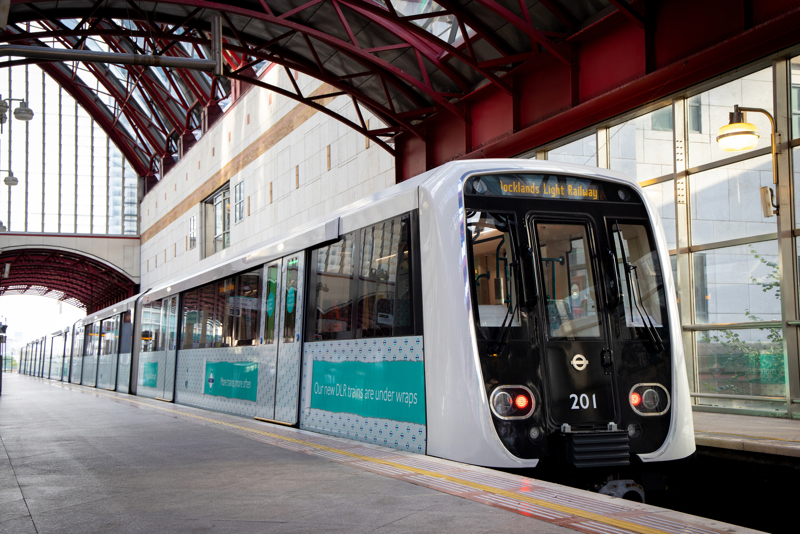 A new CAF-built Docklands Light Railway set being tested at Canary Wharf. TRANSPORT FOR LONDON.