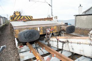 The wagon and track panel involved in the incident near Port Glasgow. RAIB.