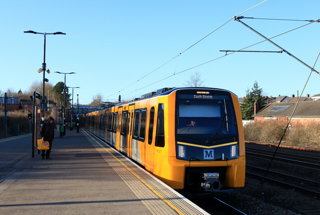 Tyne and Wear Metro Stadler Class 555 No 555021 arrives at Pelaw. PAUL BIGGS.