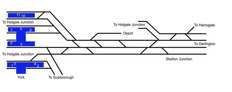 Track diagram showing how the East Coast Main Line would look with a third line north of York for Harrogate services. RAIL.